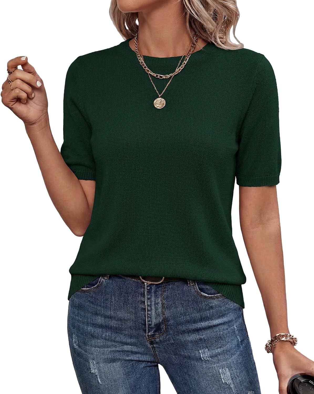 image:imageBTFBM Womens Summer Short Sleeve Tops Crew Neck SweatersDark Green