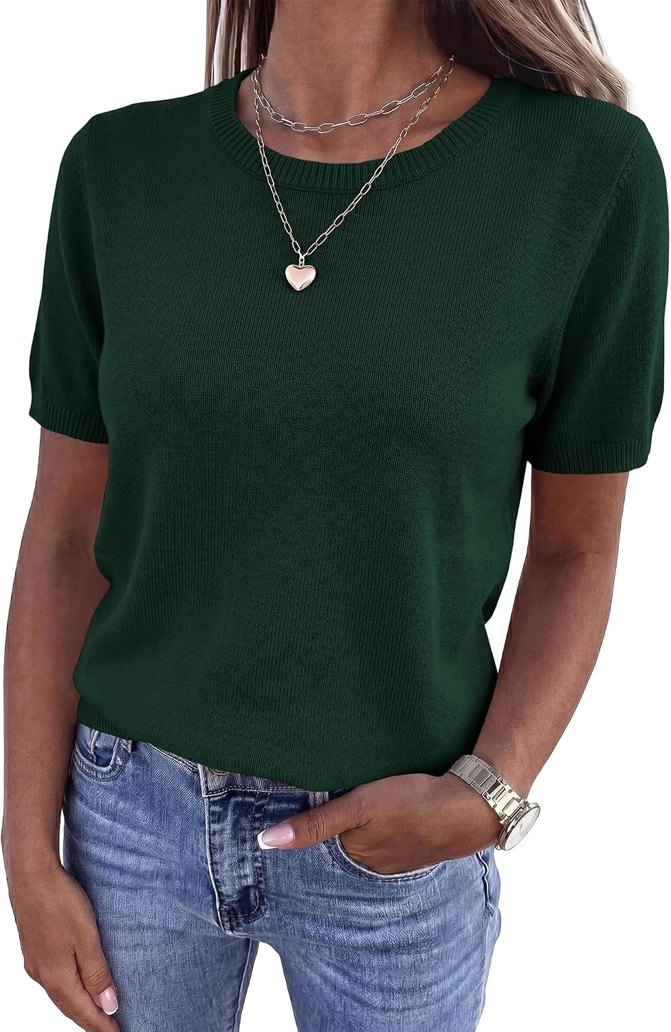 image:imageBTFBM Womens Summer Short Sleeve Tops Crew Neck SweatersDark Green