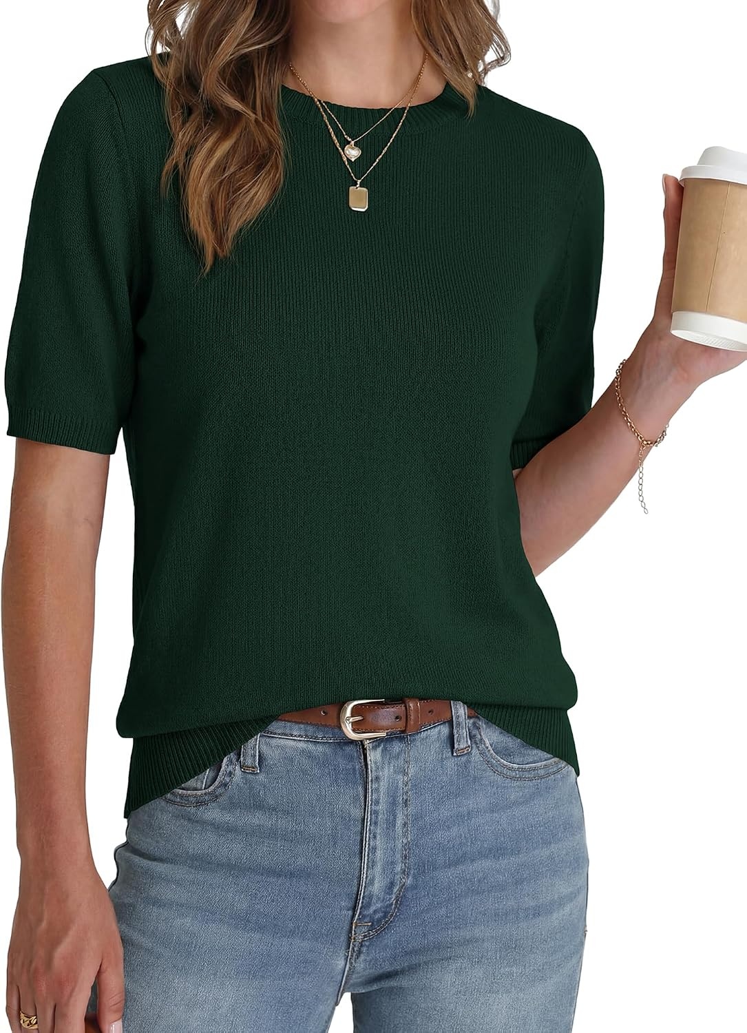 image:imageBTFBM Womens Summer Short Sleeve Tops Crew Neck SweatersDark Green