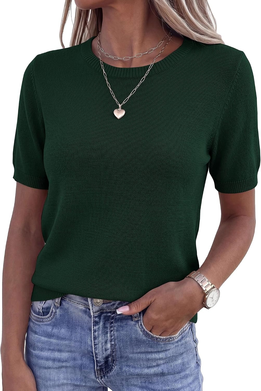 image:imageBTFBM Womens Summer Short Sleeve Tops Crew Neck SweatersDark Green