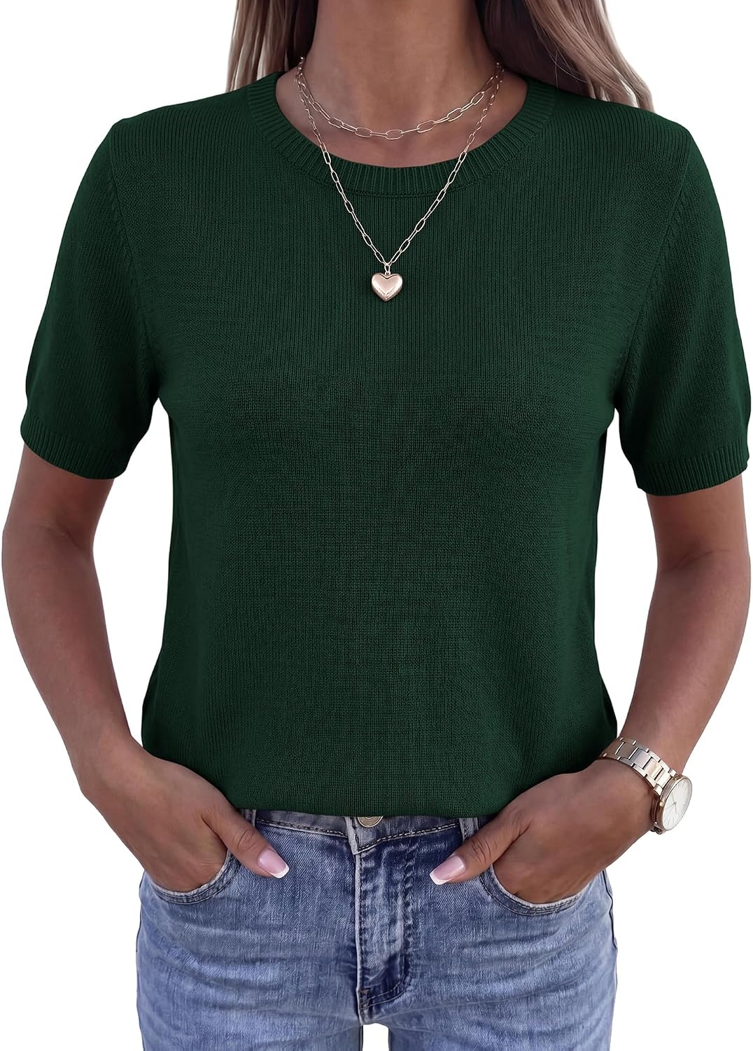image:imageBTFBM Womens Summer Short Sleeve Tops Crew Neck SweatersDark Green