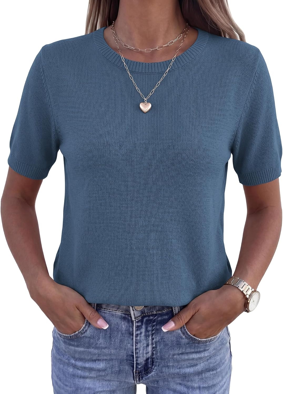 image:imageBTFBM Womens Summer Short Sleeve Tops Crew Neck SweatersGrey Blue