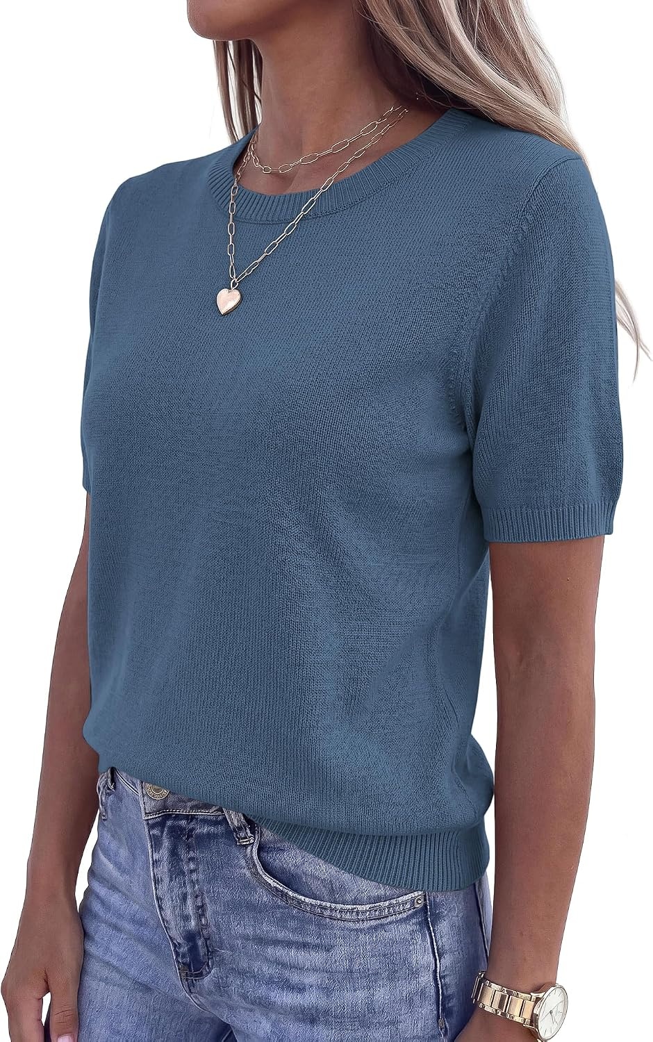 image:imageBTFBM Womens Summer Short Sleeve Tops Crew Neck SweatersGrey Blue