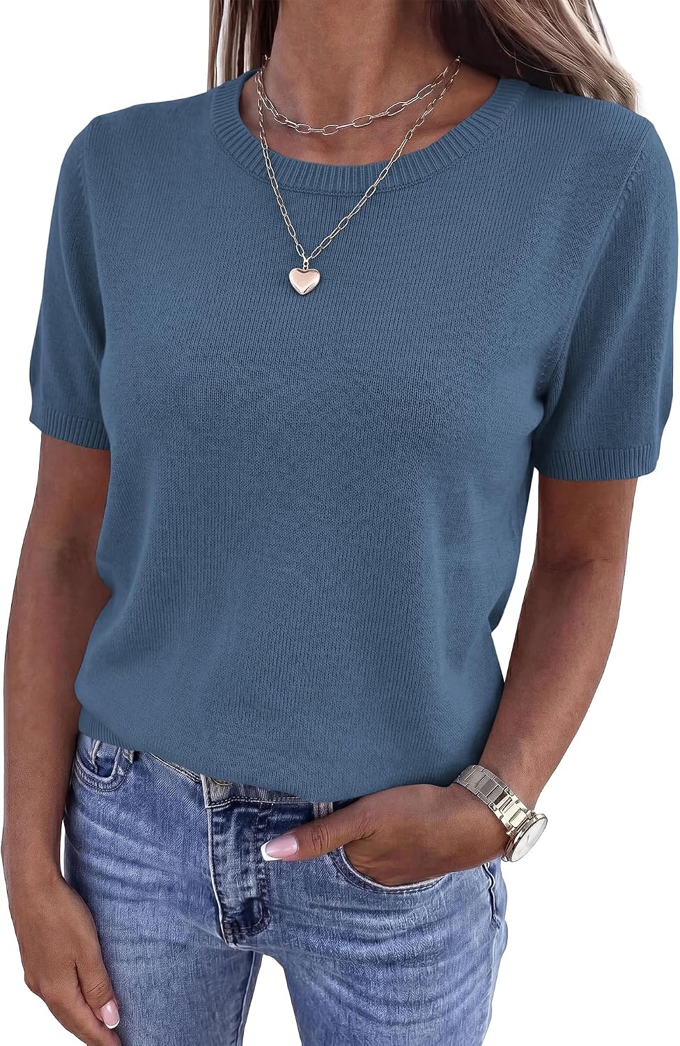 image:imageBTFBM Womens Summer Short Sleeve Tops Crew Neck SweatersGrey Blue