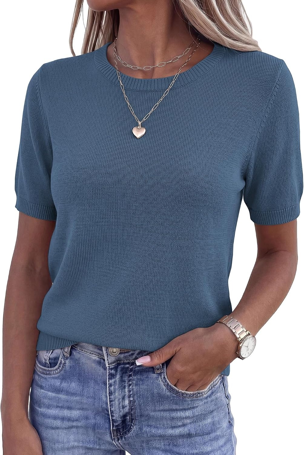 image:imageBTFBM Womens Summer Short Sleeve Tops Crew Neck SweatersGrey Blue