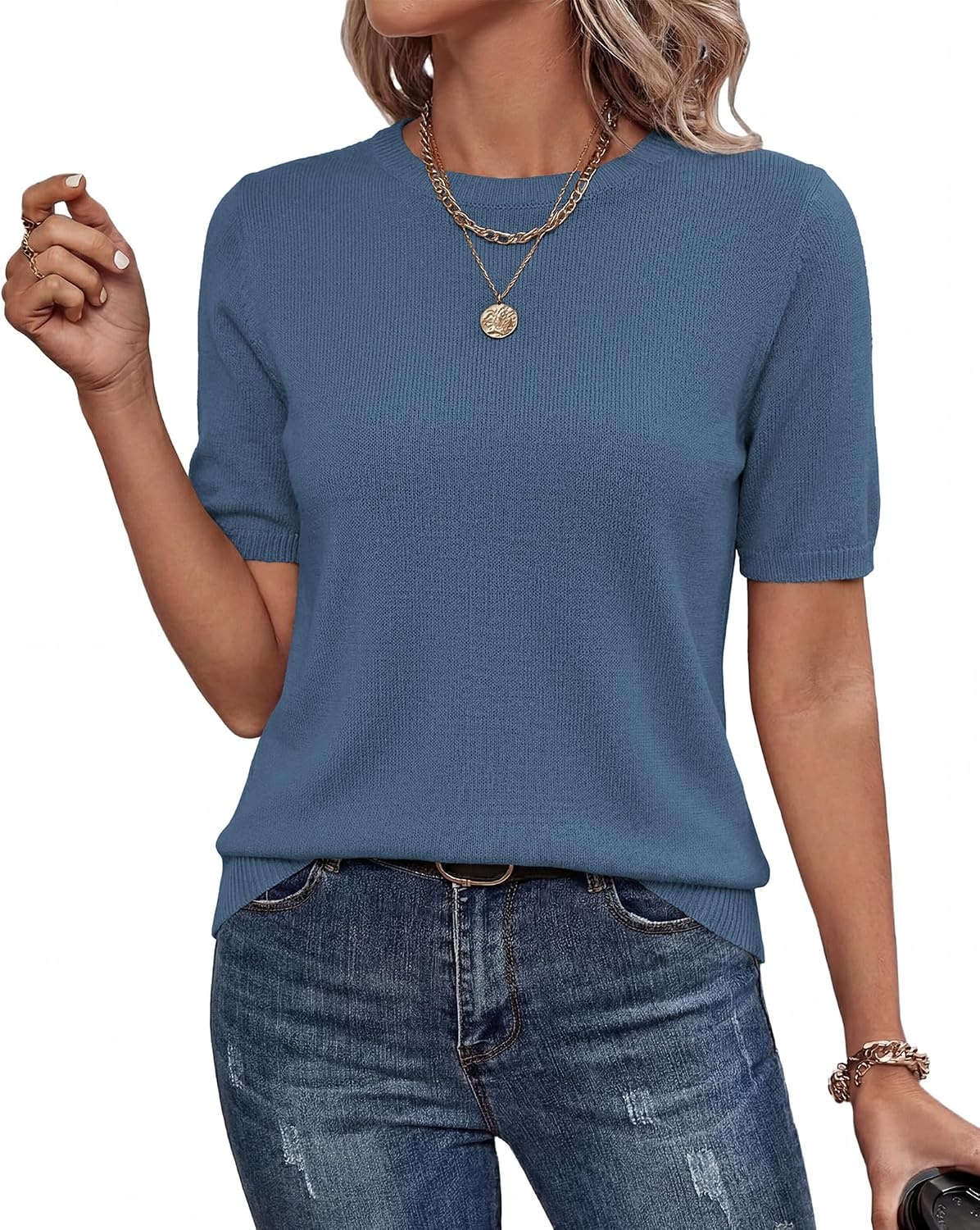 image:imageBTFBM Womens Summer Short Sleeve Tops Crew Neck SweatersGrey Blue