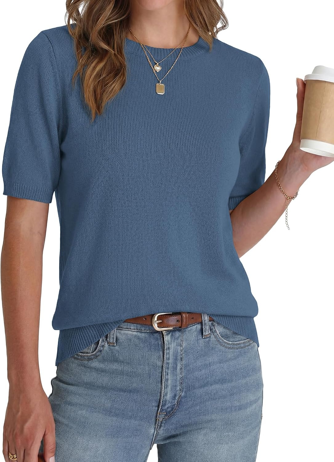 image:imageBTFBM Womens Summer Short Sleeve Tops Crew Neck SweatersGrey Blue