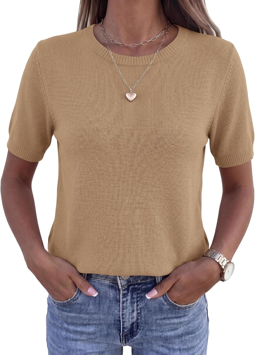 image:imageBTFBM Womens Summer Short Sleeve Tops Crew Neck SweatersKhaki