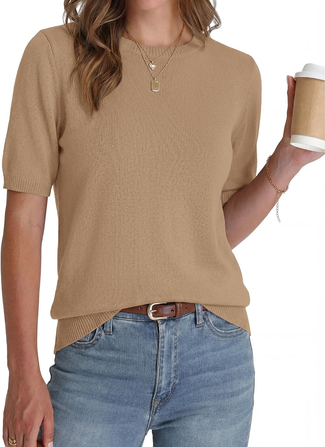 image:imageBTFBM Womens Summer Short Sleeve Tops Crew Neck SweatersKhaki