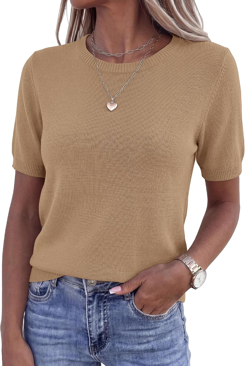 image:imageBTFBM Womens Summer Short Sleeve Tops Crew Neck SweatersKhaki