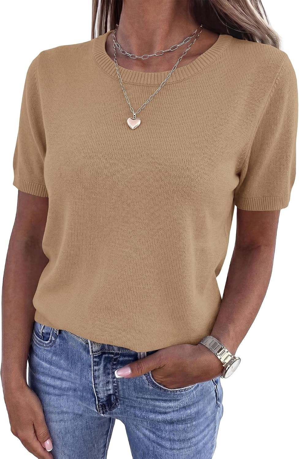 image:imageBTFBM Womens Summer Short Sleeve Tops Crew Neck SweatersKhaki