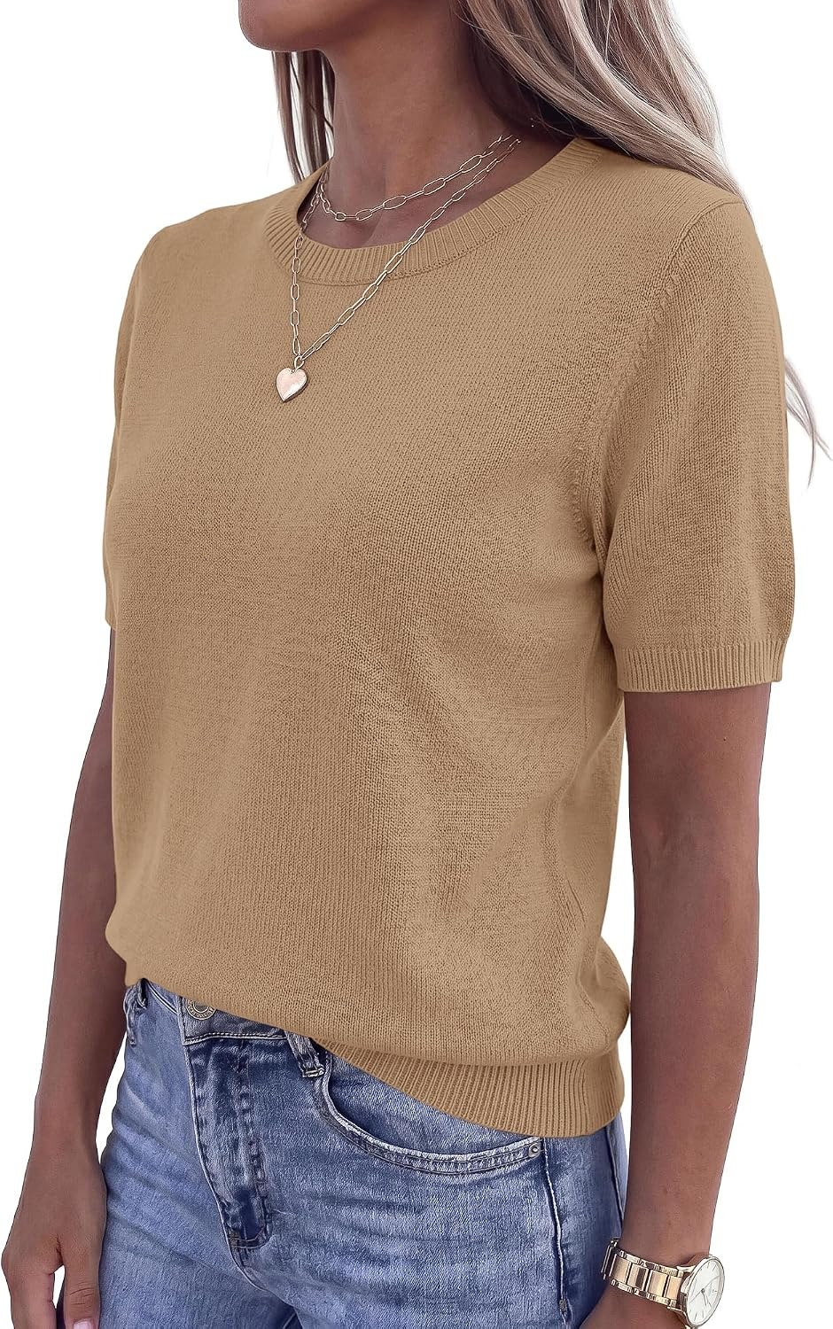image:imageBTFBM Womens Summer Short Sleeve Tops Crew Neck SweatersKhaki