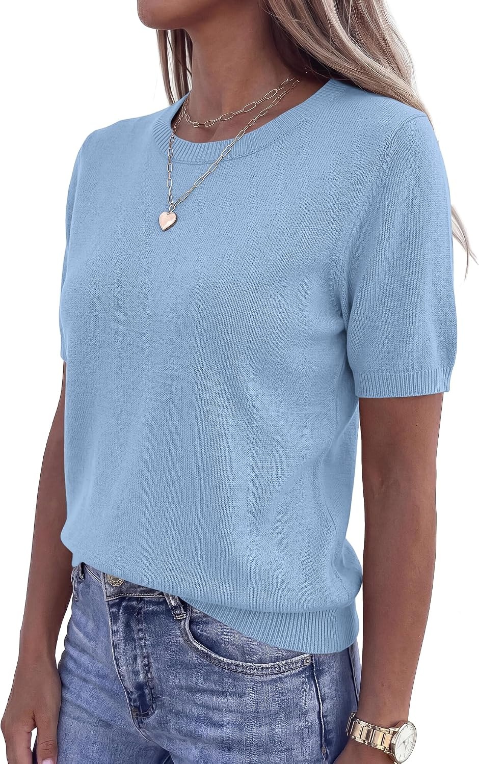 image:imageBTFBM Womens Summer Short Sleeve Tops Crew Neck SweatersLight Blue