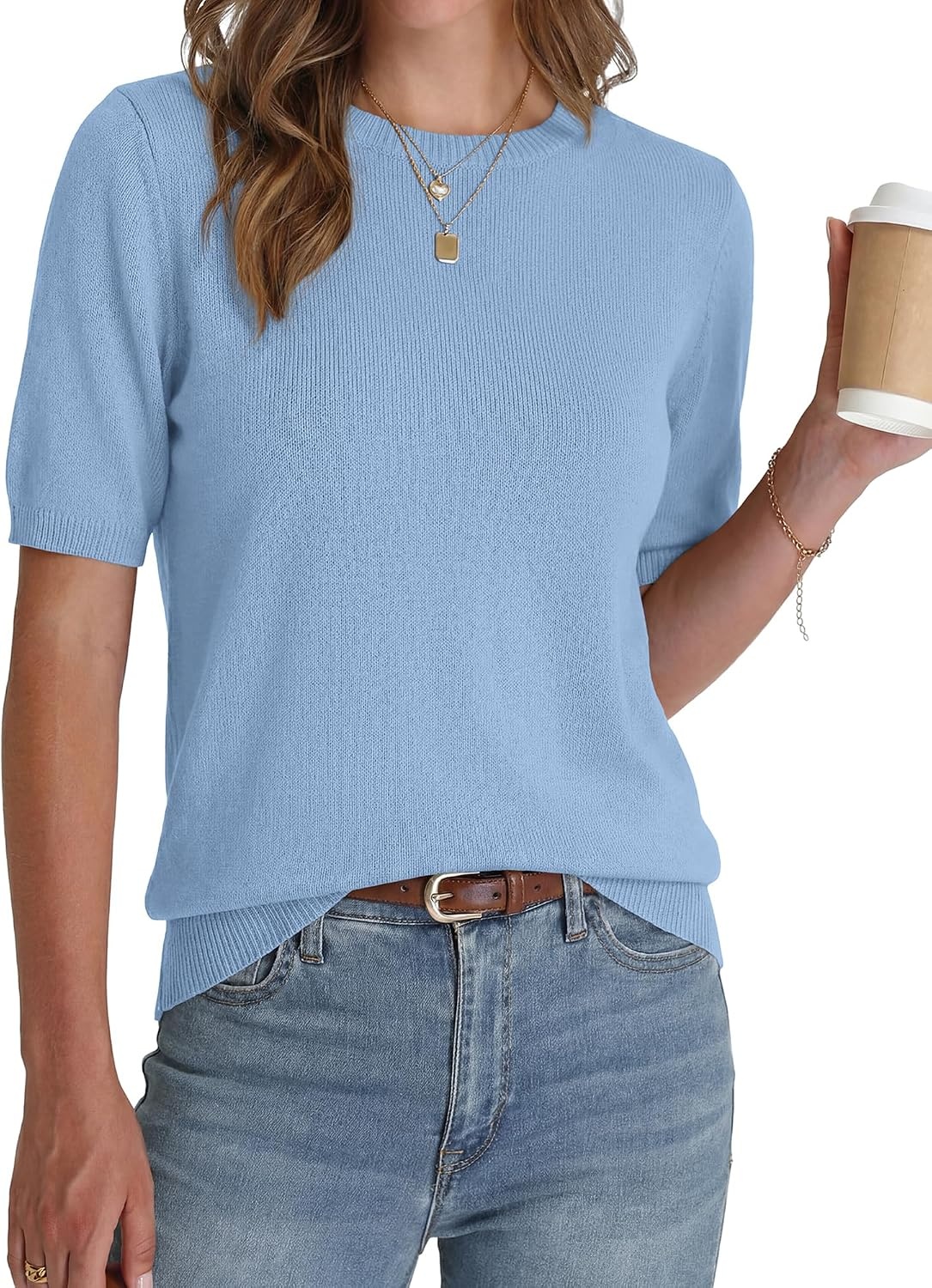 image:imageBTFBM Womens Summer Short Sleeve Tops Crew Neck SweatersLight Blue