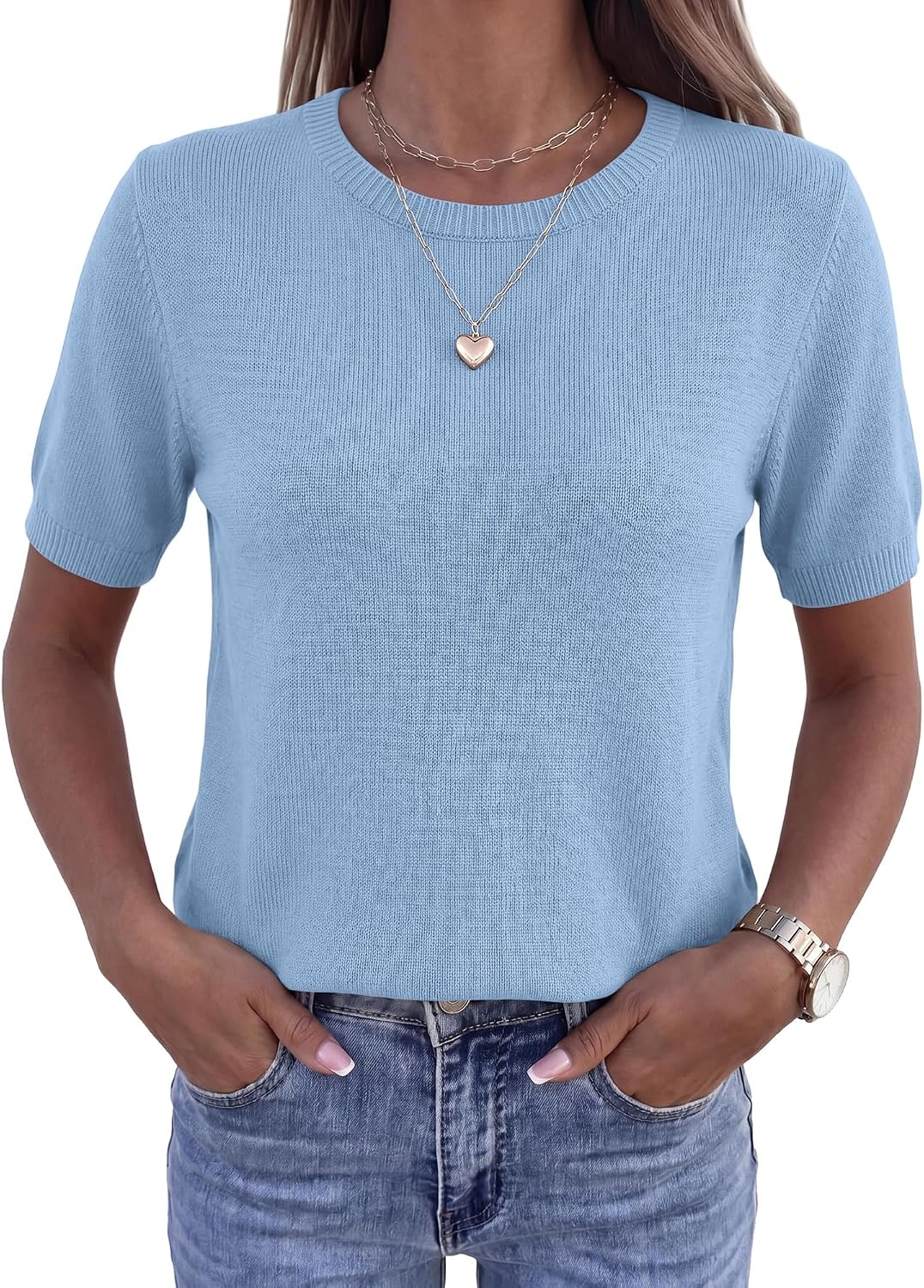 image:imageBTFBM Womens Summer Short Sleeve Tops Crew Neck SweatersLight Blue