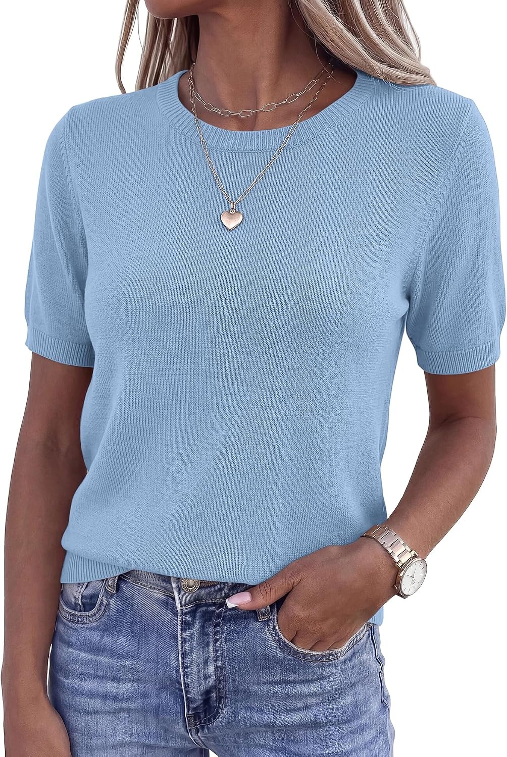 image:imageBTFBM Womens Summer Short Sleeve Tops Crew Neck SweatersLight Blue