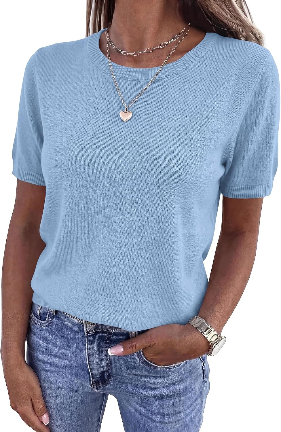 image:imageBTFBM Womens Summer Short Sleeve Tops Crew Neck SweatersLight Blue
