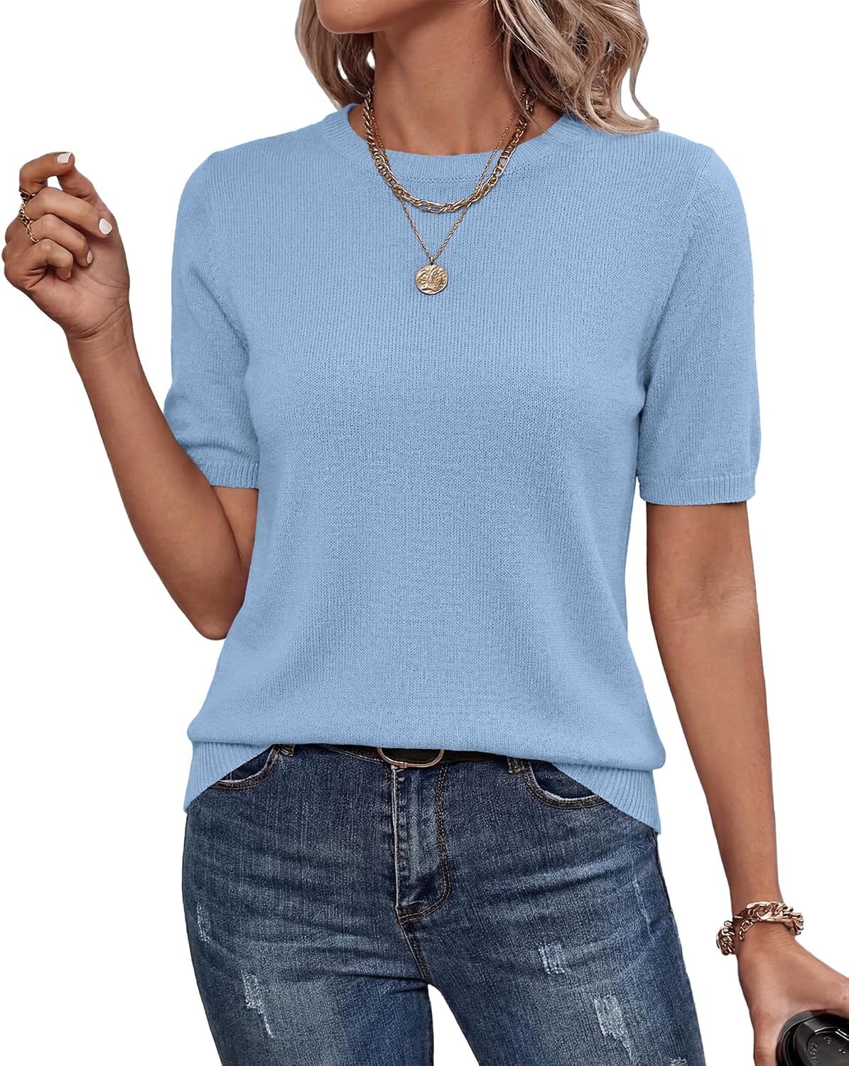image:imageBTFBM Womens Summer Short Sleeve Tops Crew Neck SweatersLight Blue