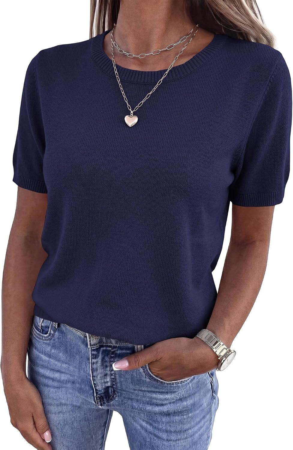 image:imageBTFBM Womens Summer Short Sleeve Tops Crew Neck SweatersNavy Blue