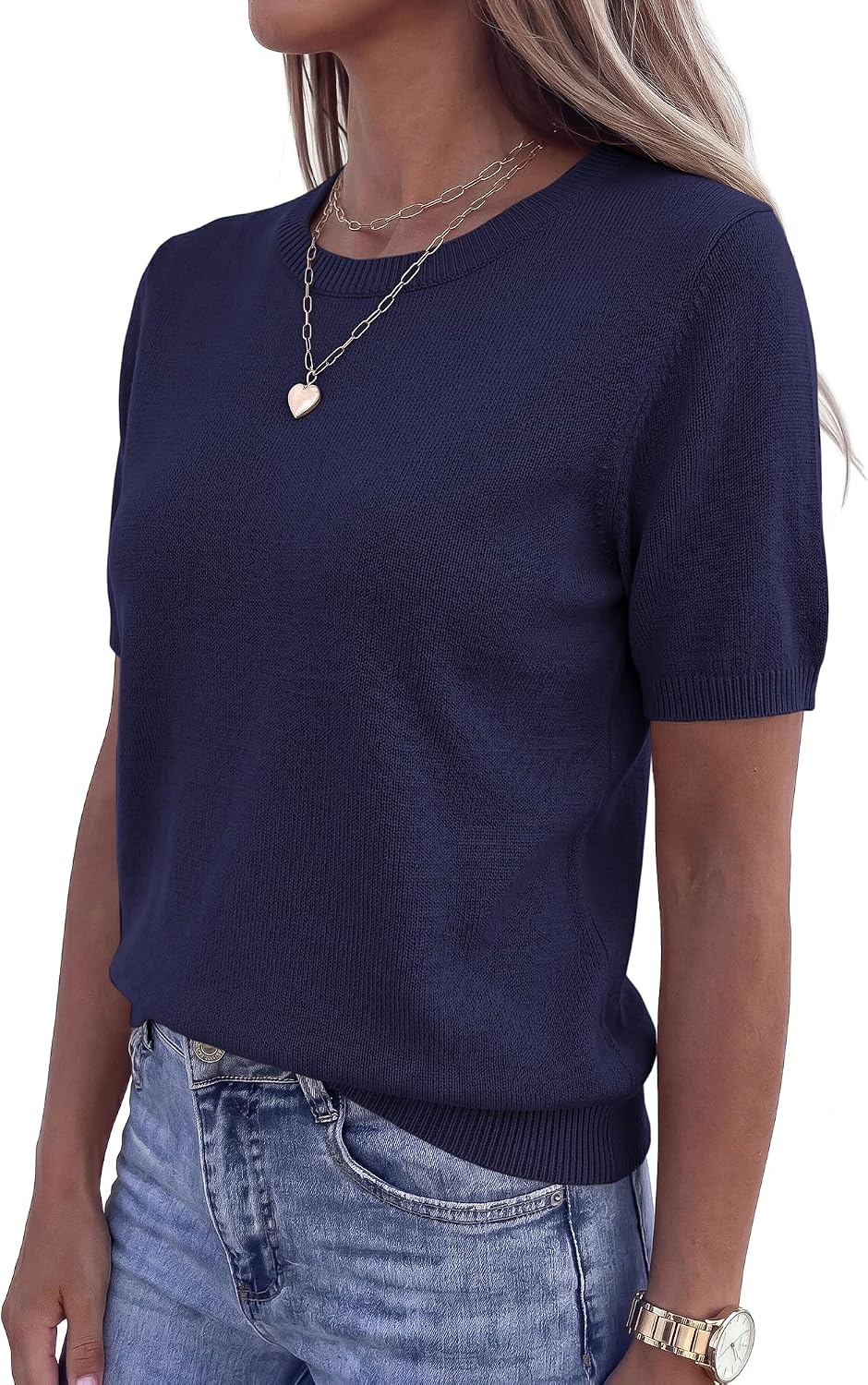 image:imageBTFBM Womens Summer Short Sleeve Tops Crew Neck SweatersNavy Blue