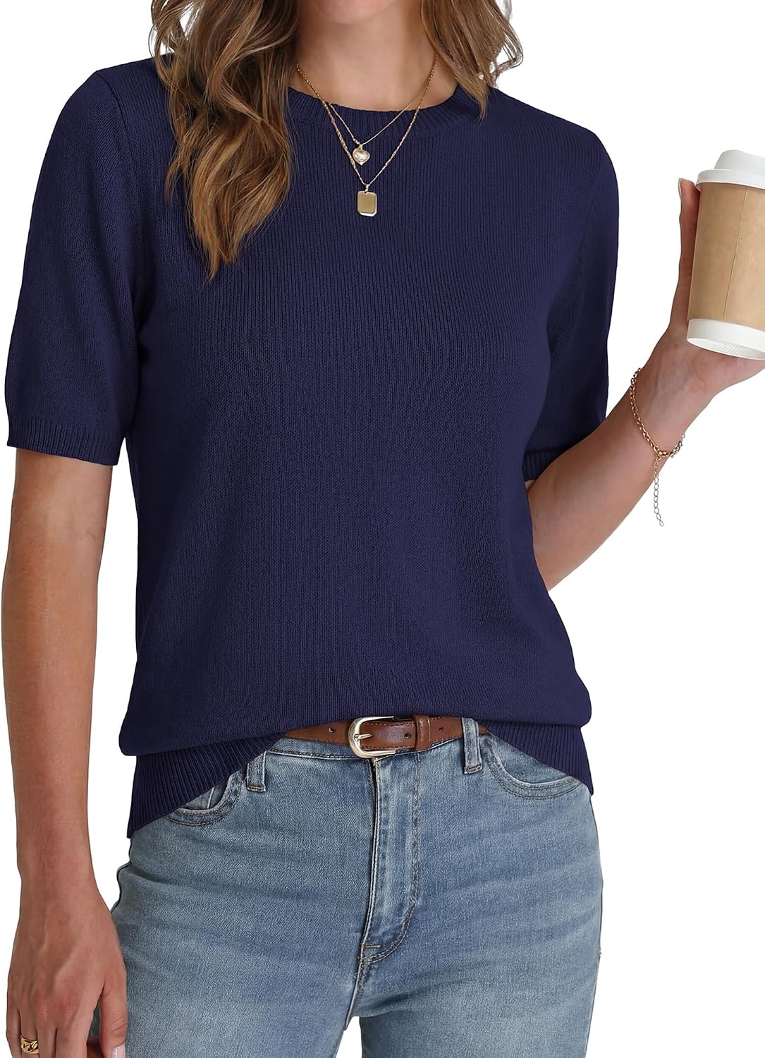 image:imageBTFBM Womens Summer Short Sleeve Tops Crew Neck SweatersNavy Blue