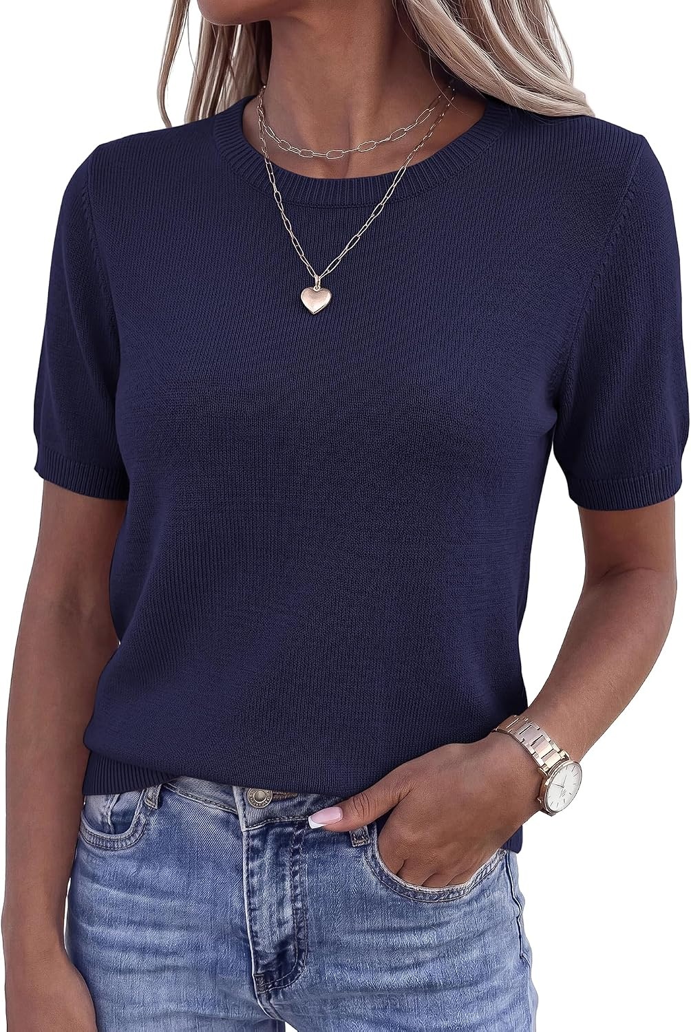 image:imageBTFBM Womens Summer Short Sleeve Tops Crew Neck SweatersNavy Blue