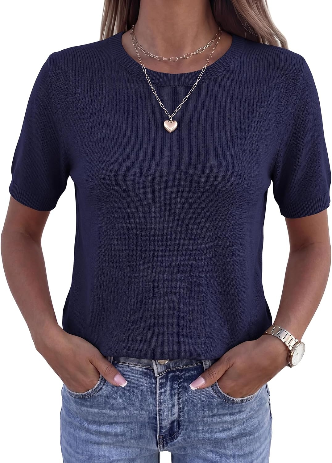 image:imageBTFBM Womens Summer Short Sleeve Tops Crew Neck SweatersNavy Blue