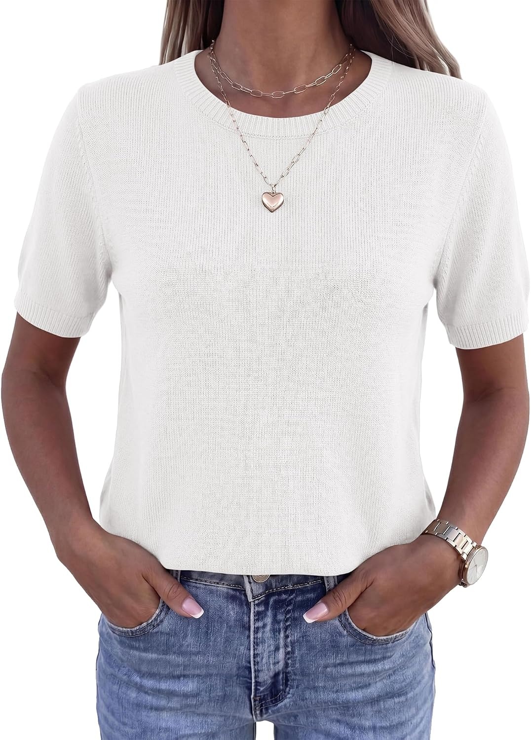 image:imageBTFBM Womens Summer Short Sleeve Tops Crew Neck SweatersWhite