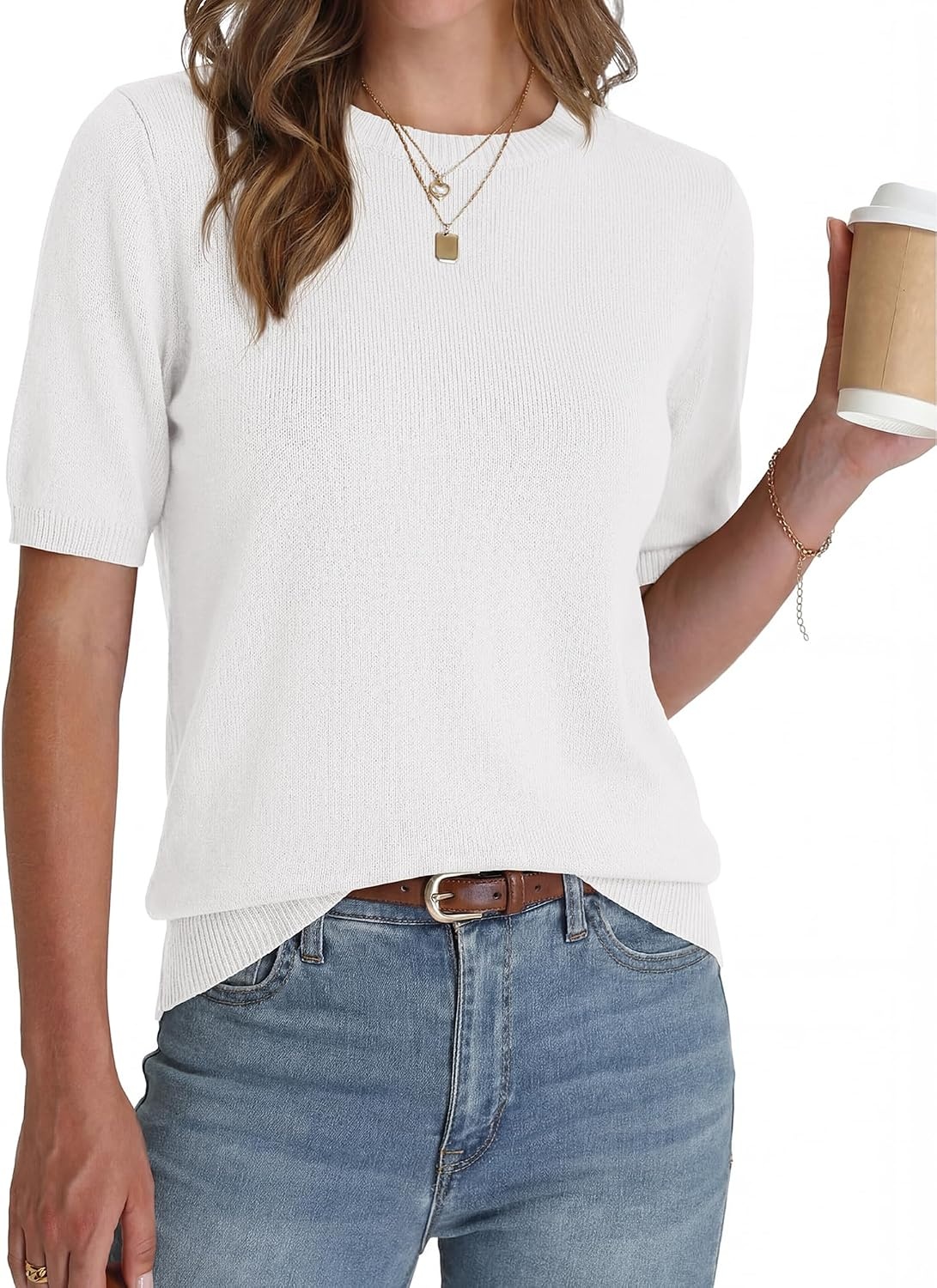 image:imageBTFBM Womens Summer Short Sleeve Tops Crew Neck SweatersWhite