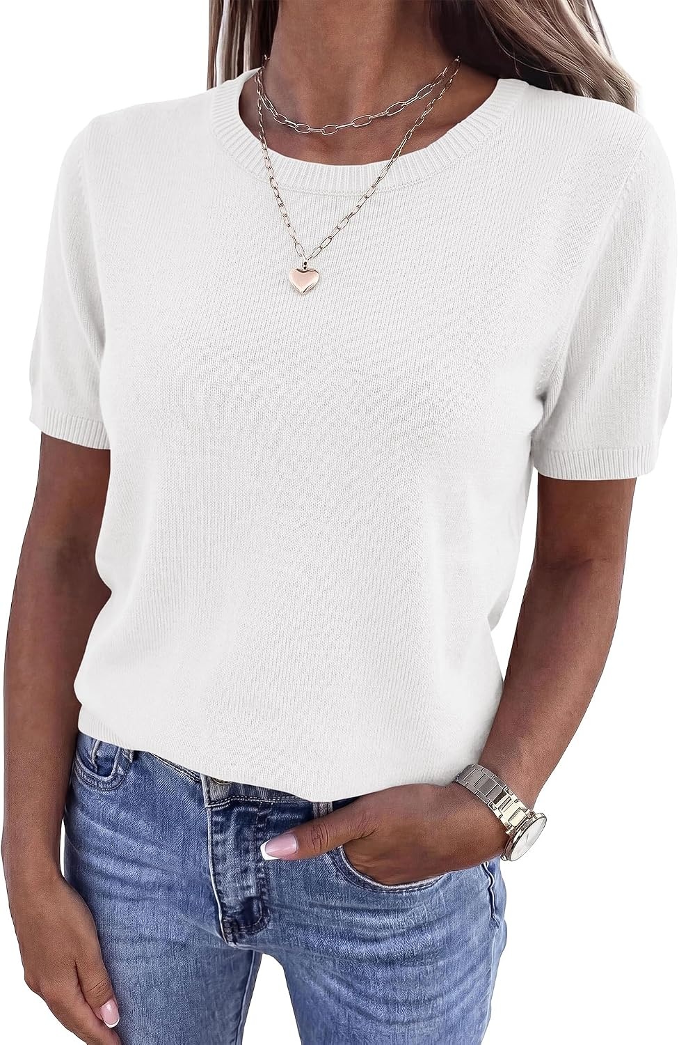 image:imageBTFBM Womens Summer Short Sleeve Tops Crew Neck SweatersWhite