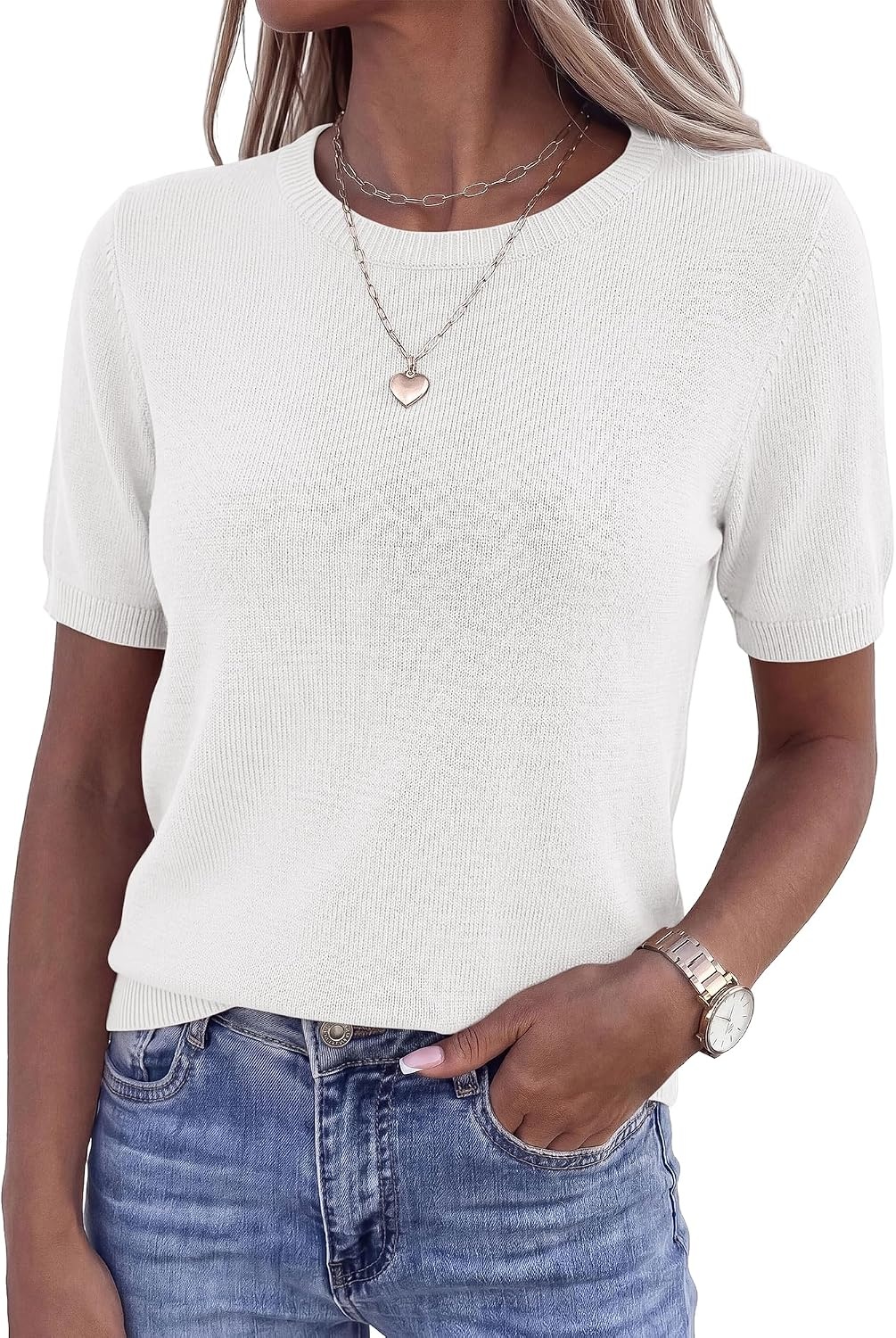 image:imageBTFBM Womens Summer Short Sleeve Tops Crew Neck SweatersWhite