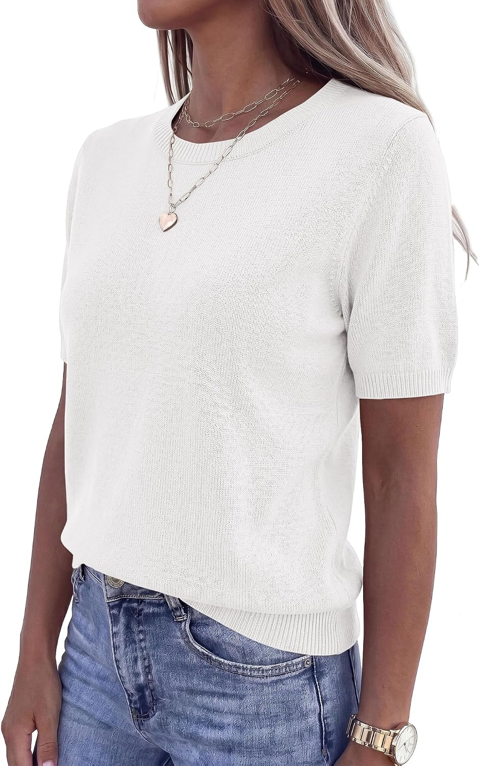 image:imageBTFBM Womens Summer Short Sleeve Tops Crew Neck SweatersWhite