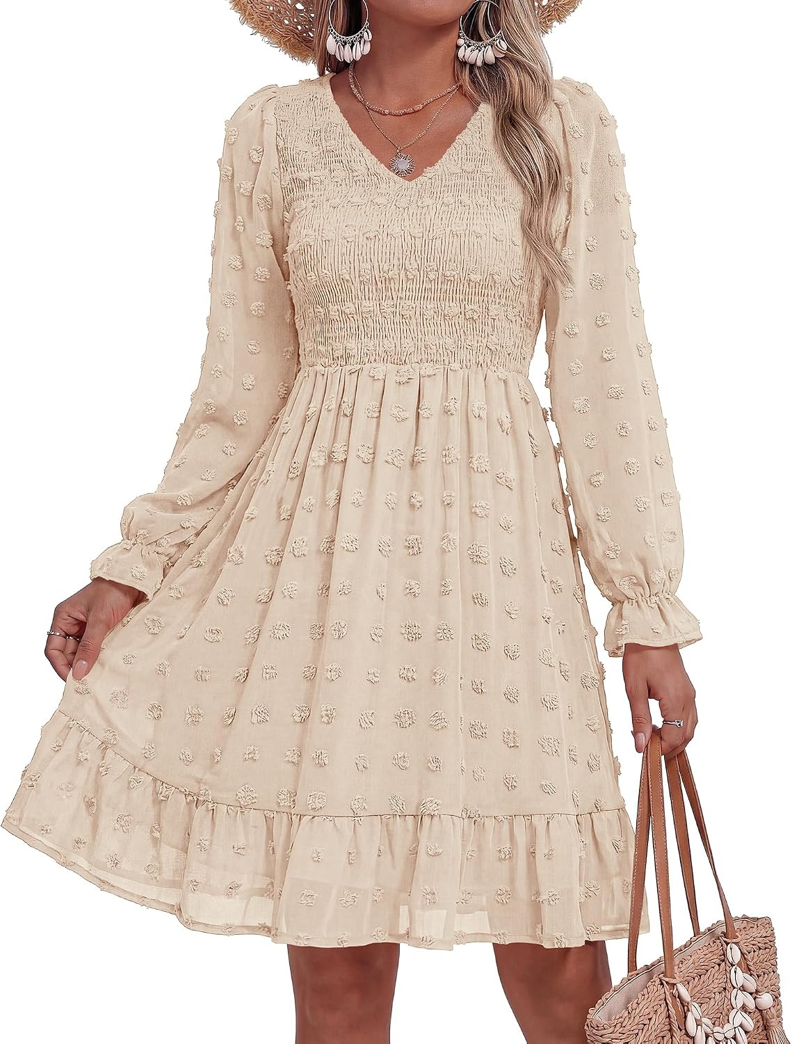 image:imageBTFBM Womens Swiss Dot Flowy Long Sleeve DressApricot