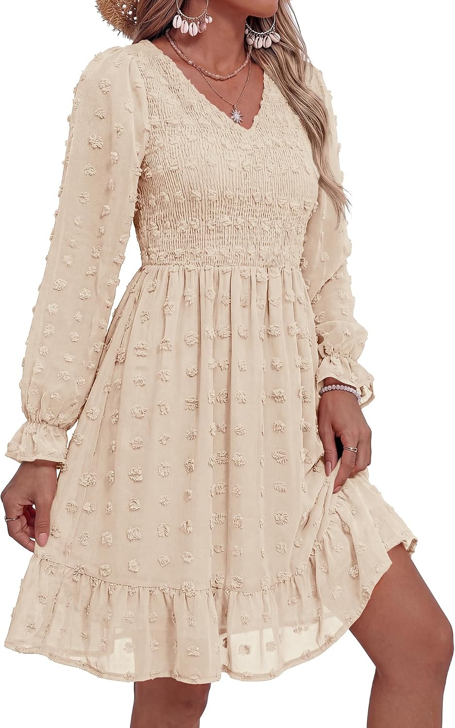 image:imageBTFBM Womens Swiss Dot Flowy Long Sleeve DressApricot