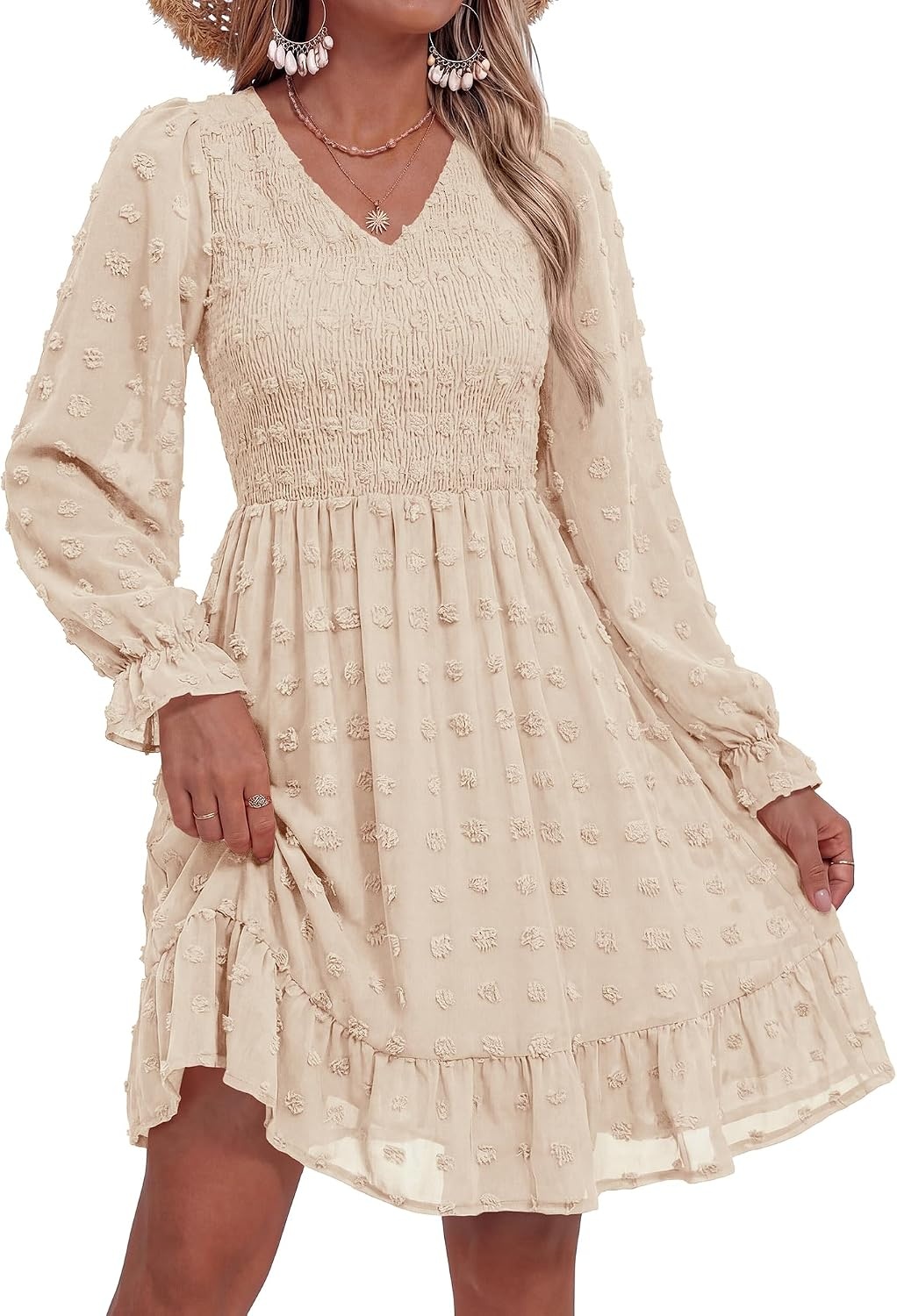 image:imageBTFBM Womens Swiss Dot Flowy Long Sleeve DressApricot