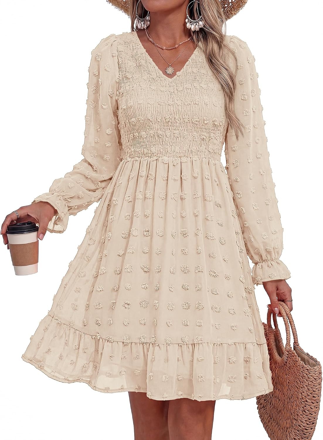 image:imageBTFBM Womens Swiss Dot Flowy Long Sleeve DressApricot