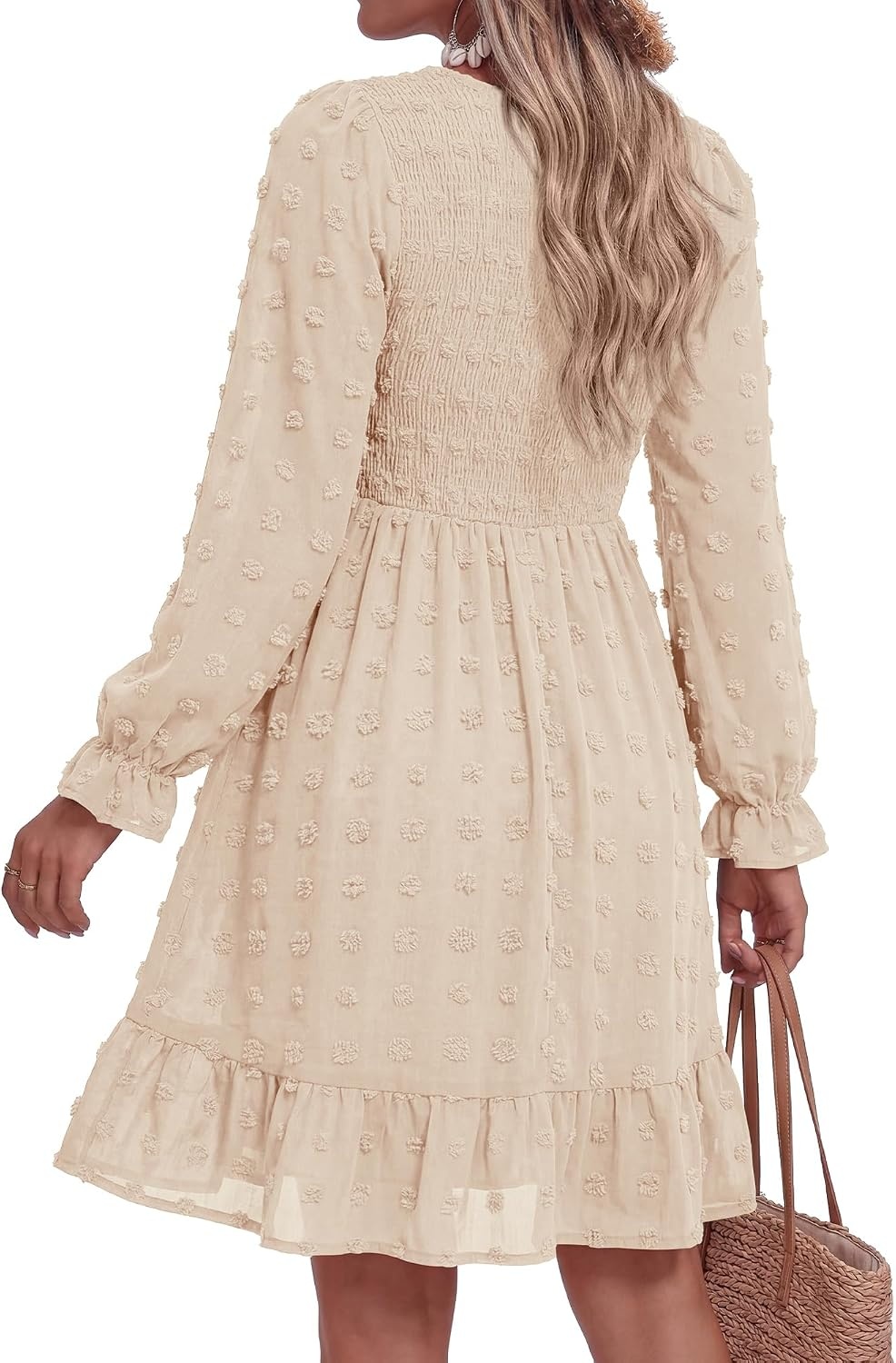 image:imageBTFBM Womens Swiss Dot Flowy Long Sleeve DressApricot