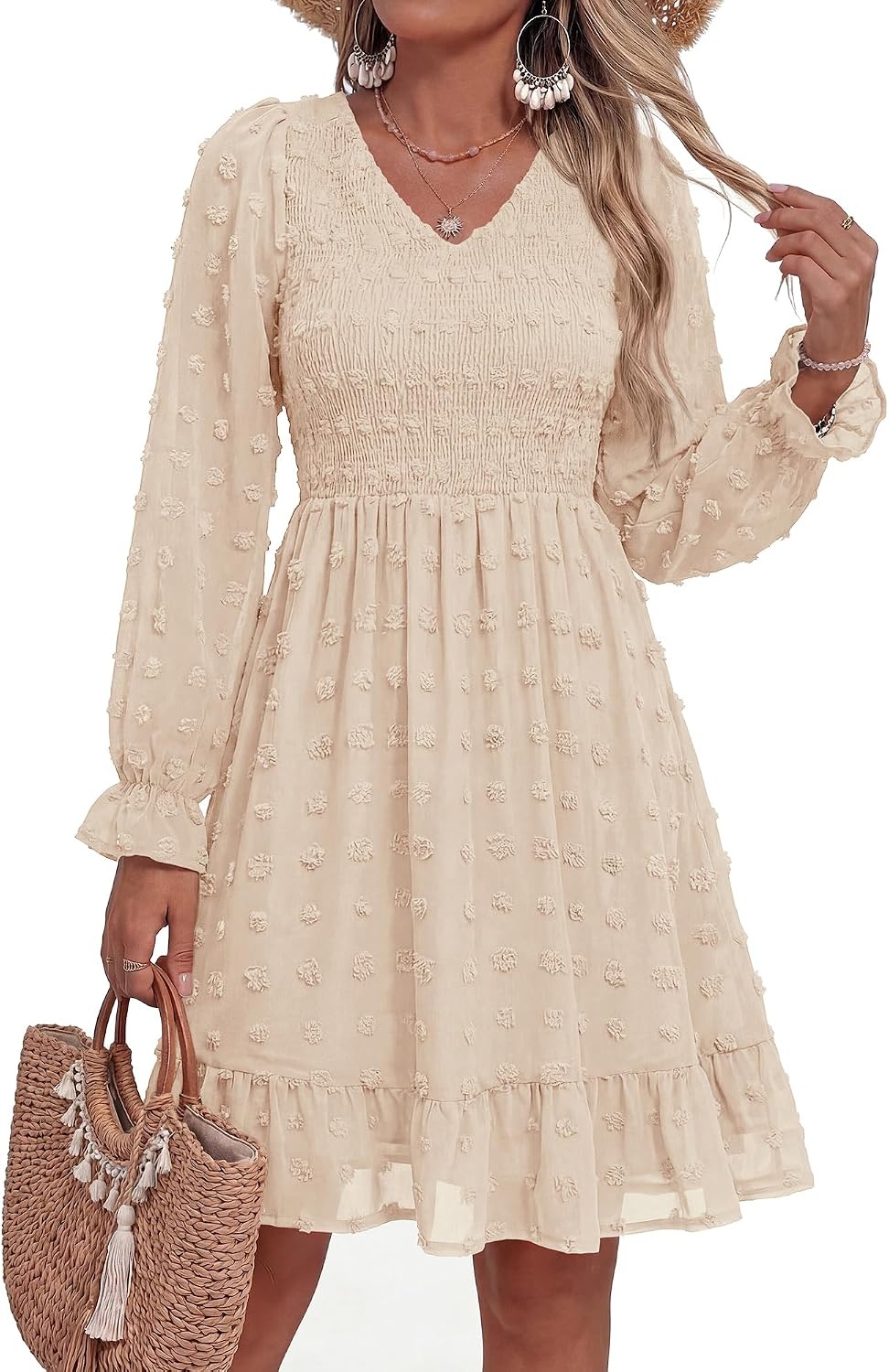 image:imageBTFBM Womens Swiss Dot Flowy Long Sleeve DressApricot