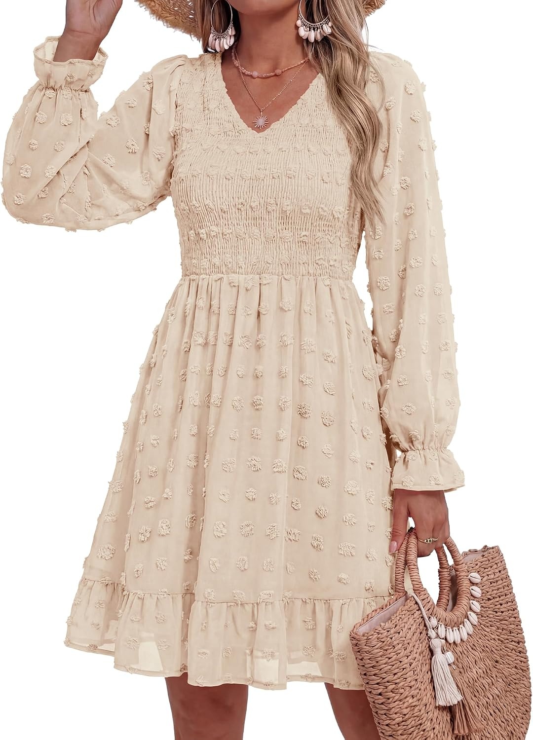 image:imageBTFBM Womens Swiss Dot Flowy Long Sleeve DressApricot
