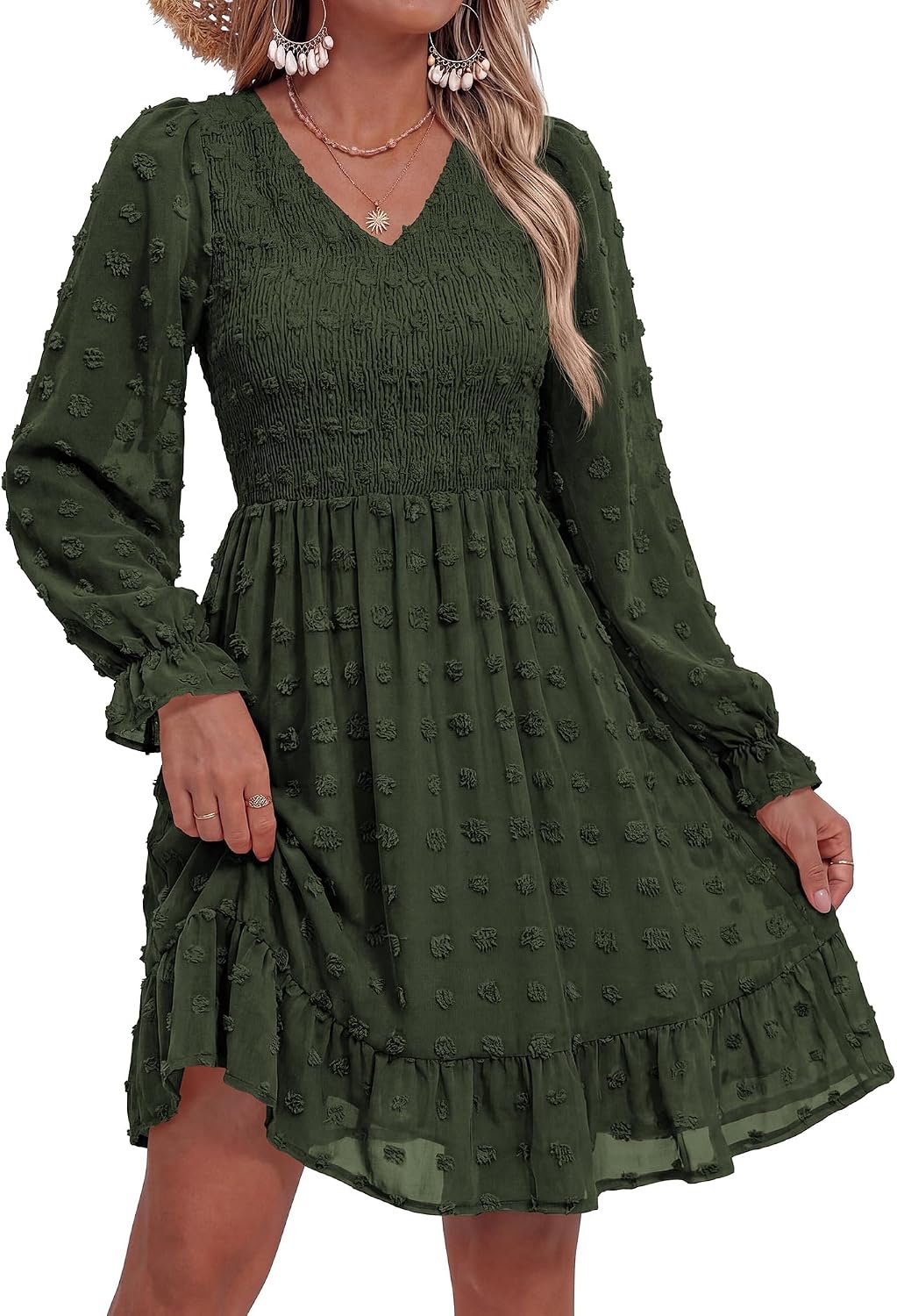 image:imageBTFBM Womens Swiss Dot Flowy Long Sleeve DressArmy Green