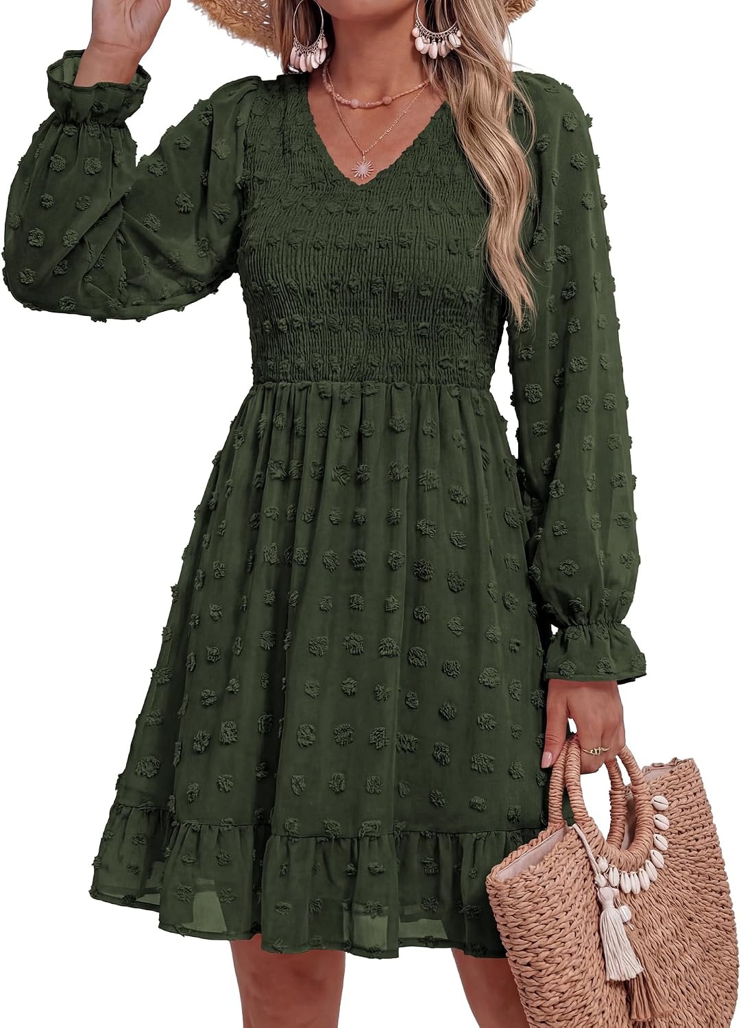 image:imageBTFBM Womens Swiss Dot Flowy Long Sleeve DressArmy Green