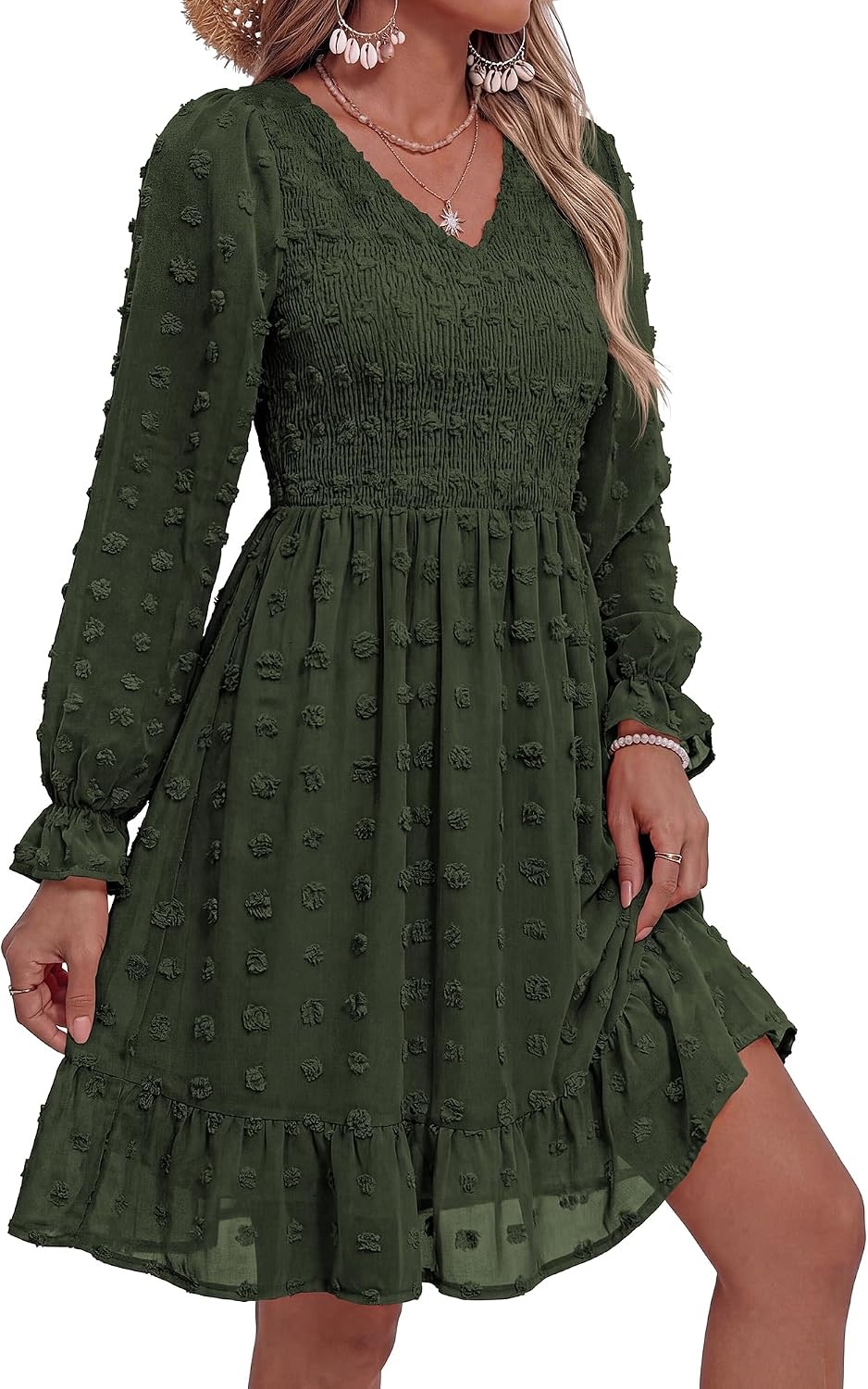 image:imageBTFBM Womens Swiss Dot Flowy Long Sleeve DressArmy Green