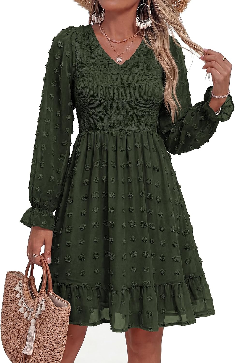 image:imageBTFBM Womens Swiss Dot Flowy Long Sleeve DressArmy Green