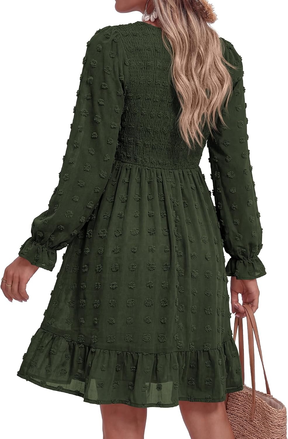image:imageBTFBM Womens Swiss Dot Flowy Long Sleeve DressArmy Green