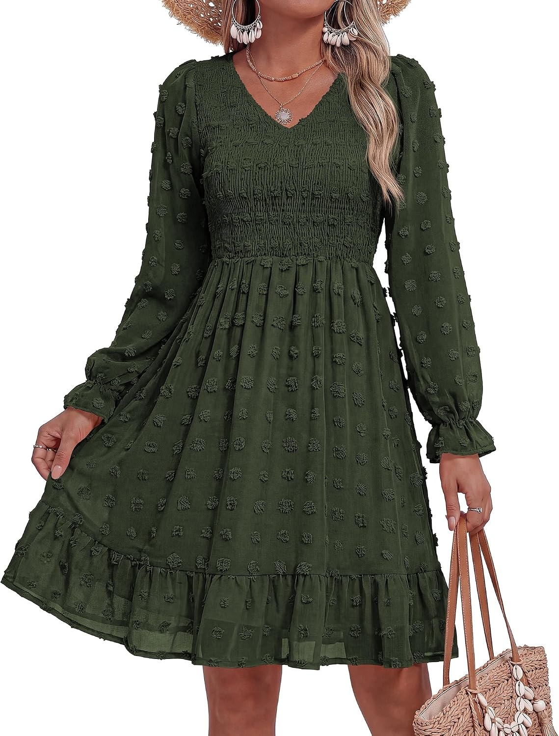 image:imageBTFBM Womens Swiss Dot Flowy Long Sleeve DressArmy Green