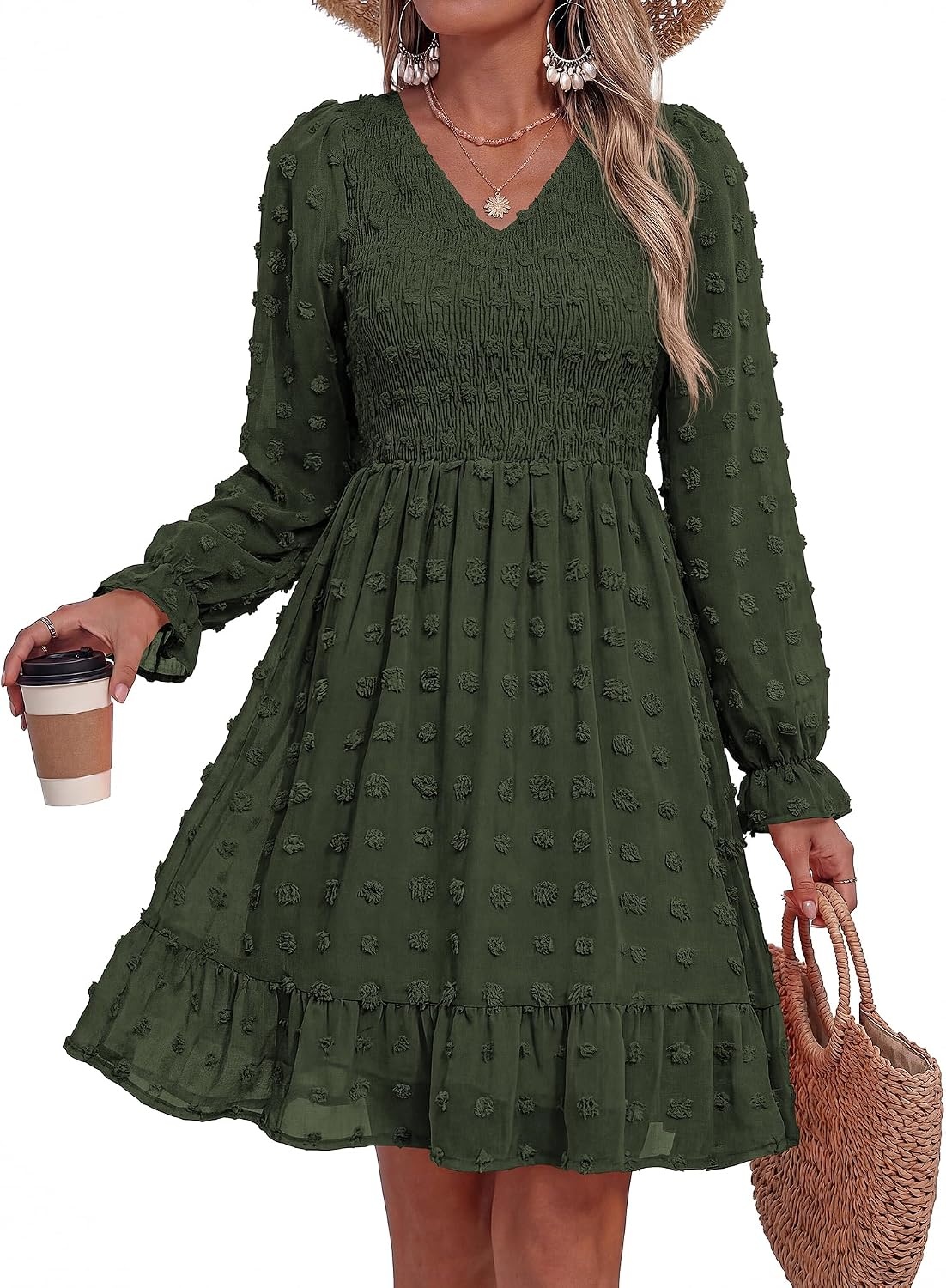 image:imageBTFBM Womens Swiss Dot Flowy Long Sleeve DressArmy Green