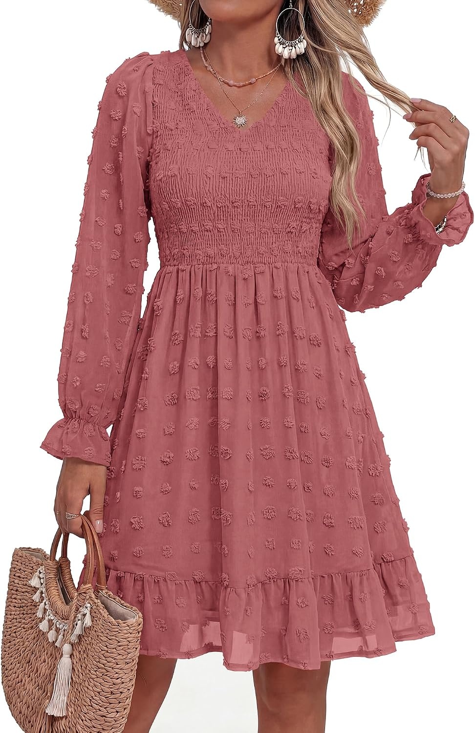 image:imageBTFBM Womens Swiss Dot Flowy Long Sleeve DressBean Paste Red