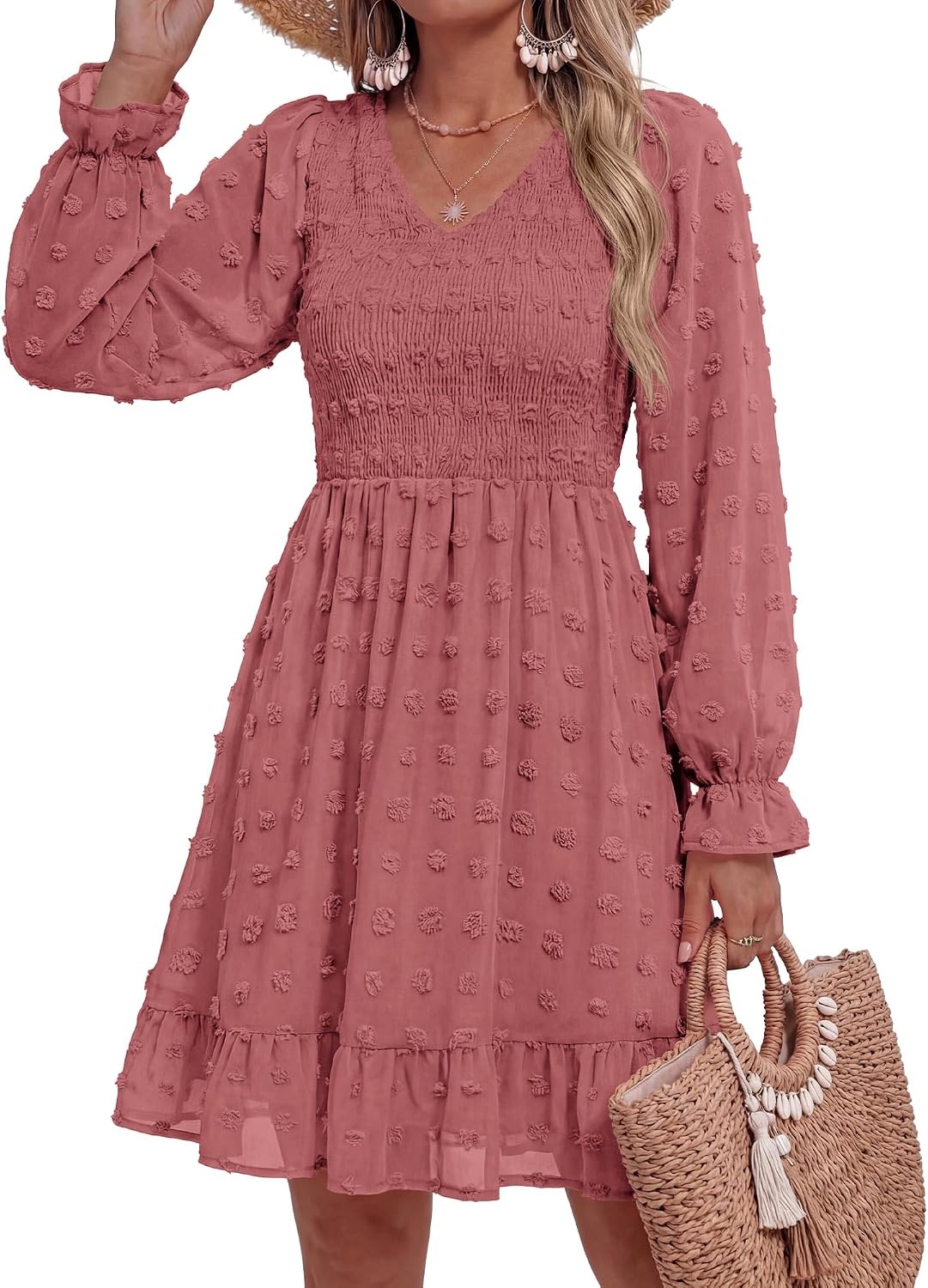 image:imageBTFBM Womens Swiss Dot Flowy Long Sleeve DressBean Paste Red