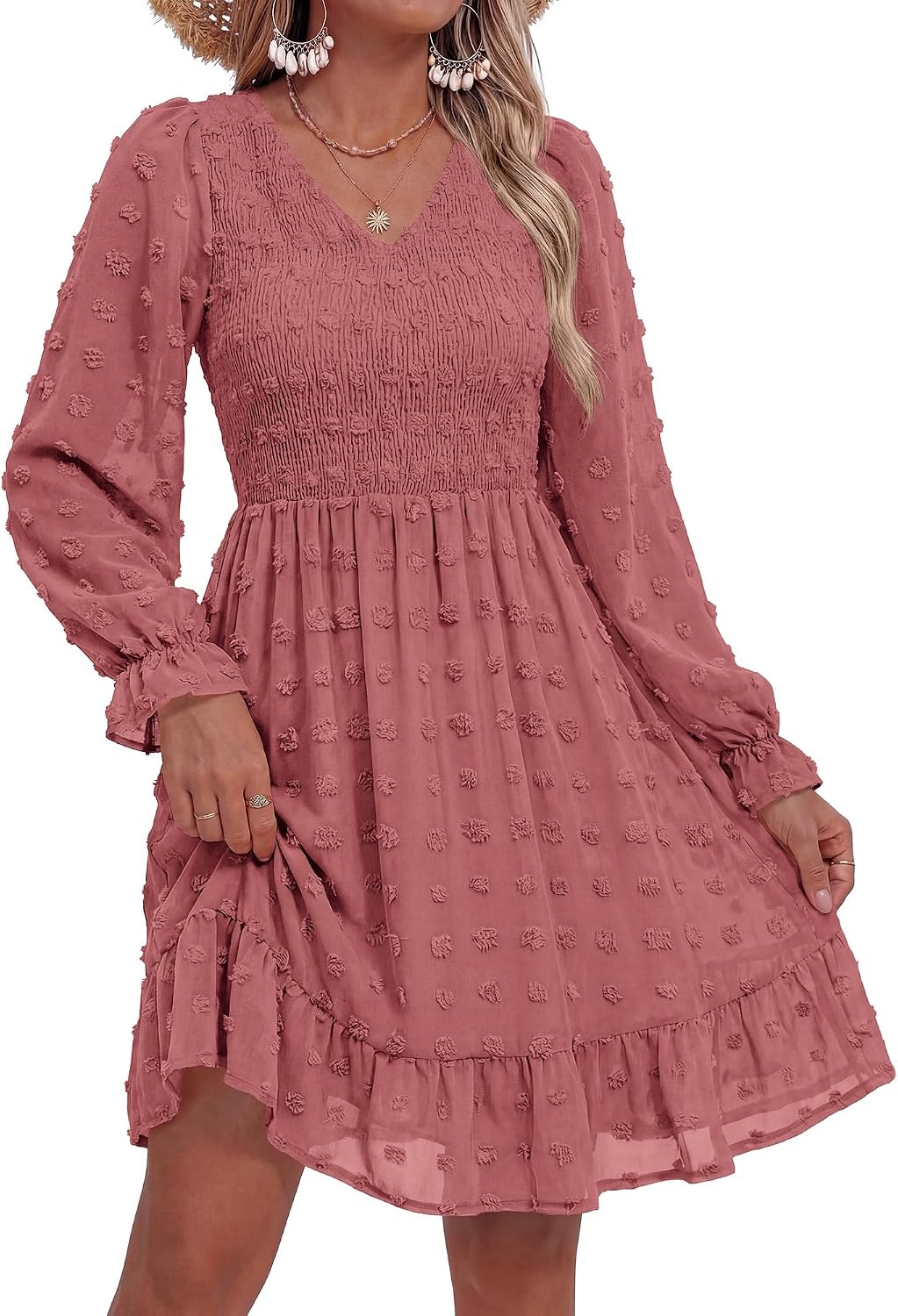 image:imageBTFBM Womens Swiss Dot Flowy Long Sleeve DressBean Paste Red