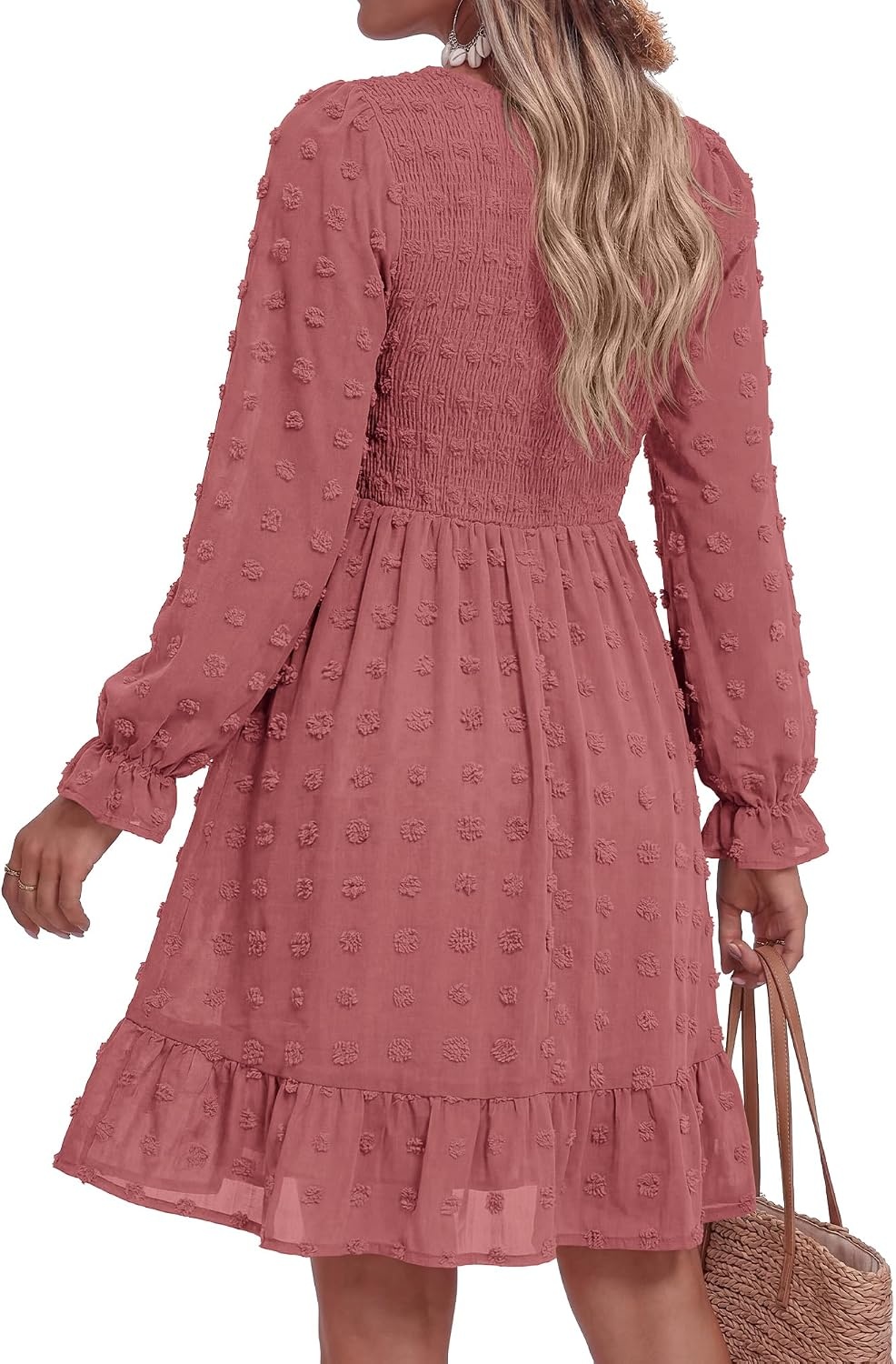 image:imageBTFBM Womens Swiss Dot Flowy Long Sleeve DressBean Paste Red